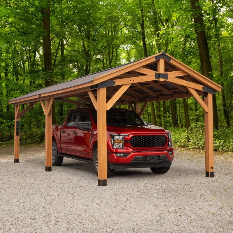 Norwood 24' X 12' Cedar Wood Outdoor Patio Gazebo with Hardtop Galvanized Steel Peak Roof and Powerport