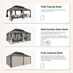 14' X 20' Hardtop Gazebo Aluminum Frame Galvanized Steel Double Roof Patio Gazebo with Netting & Curtains Brown