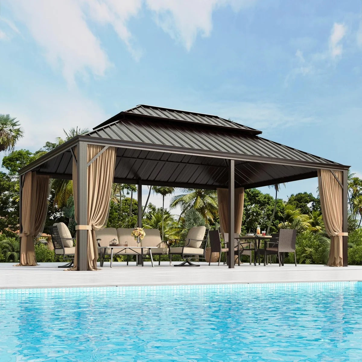 Barrington 20' X 12' Cedar Wood Outdoor Patio Gazebo with Hardtop Galvanized Steel Hip Roof and Powerport