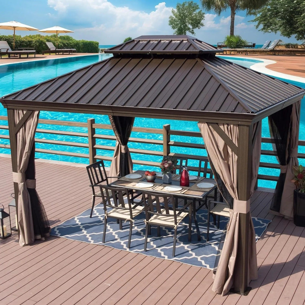 Alexander 10' X 12' Hardtop Gazebo, Aluminum Frame with Galvanized Steel Double Roof, Outdoor Permanent Pavilion with Curtains and Netting for Patio, Backyard, Deck, Lawn(Brown)