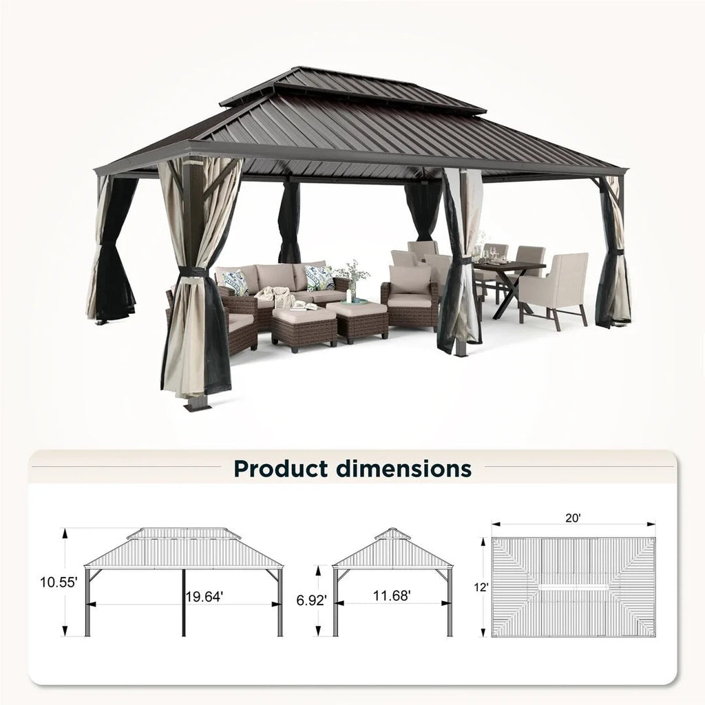 14' X 20' Hardtop Gazebo Aluminum Frame Galvanized Steel Double Roof Patio Gazebo with Netting & Curtains Brown