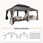 14' X 20' Hardtop Gazebo Aluminum Frame Galvanized Steel Double Roof Patio Gazebo with Netting & Curtains Brown