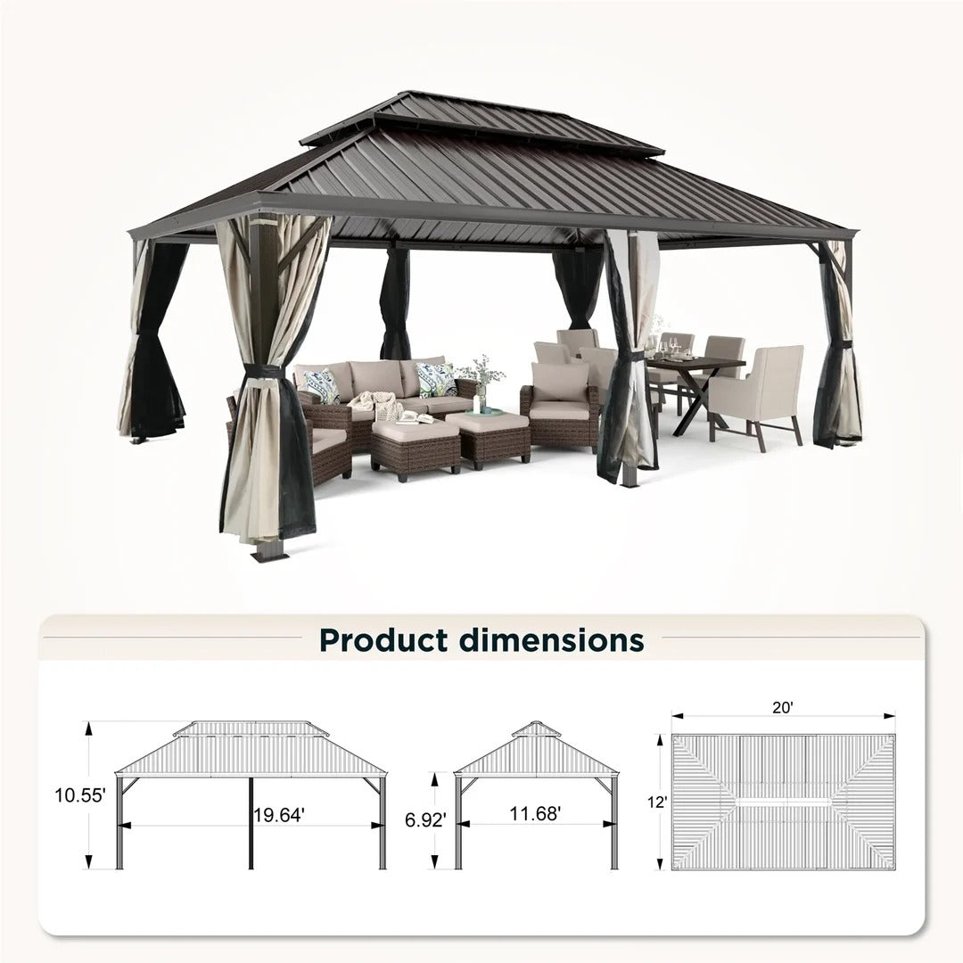 14' X 20' Hardtop Gazebo Aluminum Frame Galvanized Steel Double Roof Patio Gazebo with Netting & Curtains Brown