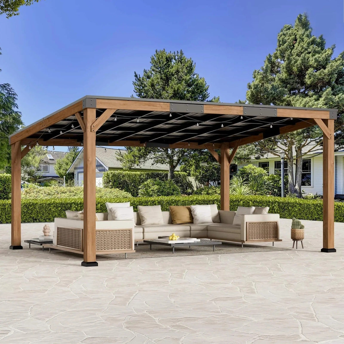 Barrington 20' X 12' Cedar Wood Outdoor Patio Gazebo with Hardtop Galvanized Steel Hip Roof and Powerport