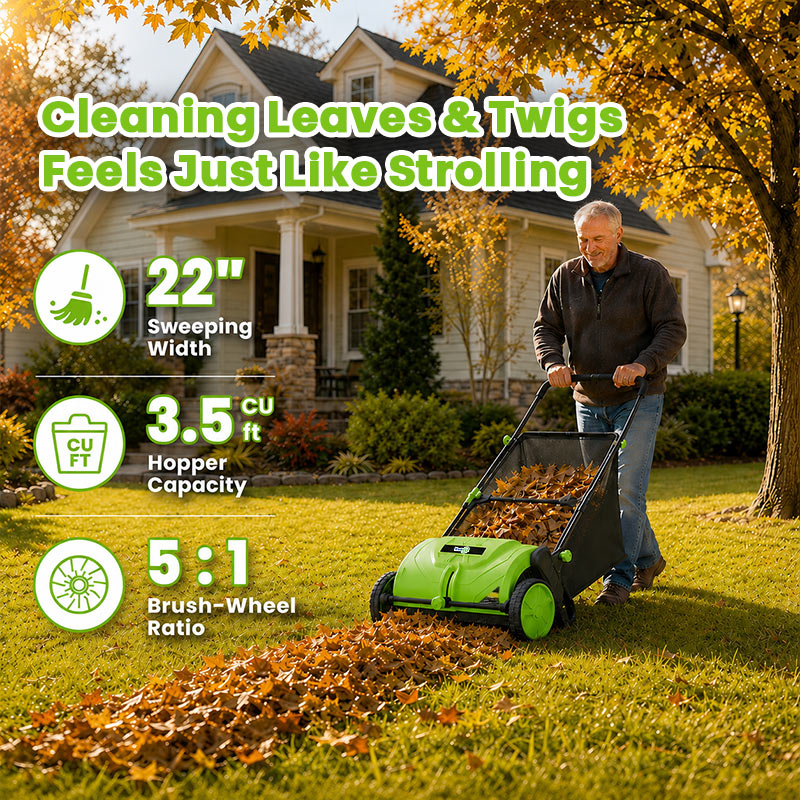 22-Inch Push Lawn Sweeper & Leaf Collector with 100L Hopper