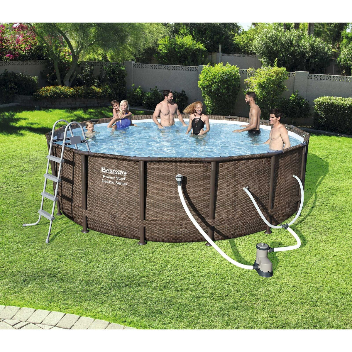Bestway Power Steel 14′ x 42″ Above Ground Outdoor Swimming Pool Set with Pump