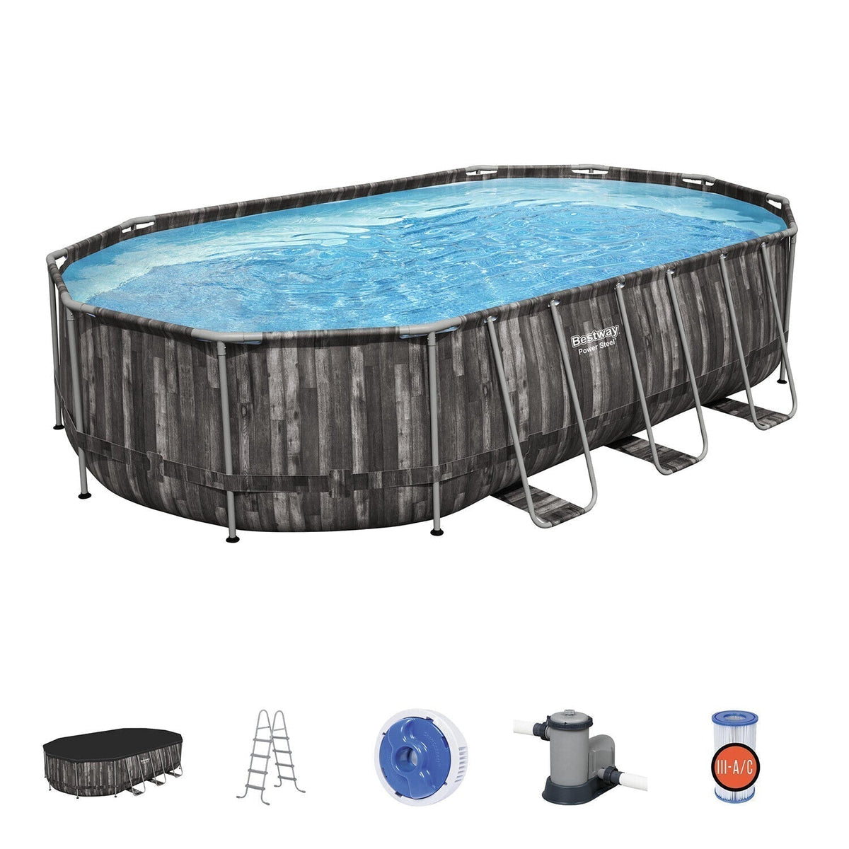 Bestway Power Steel 20′ x 12′ x 48″ Oval Above Ground Outdoor Swimming Pool-Set