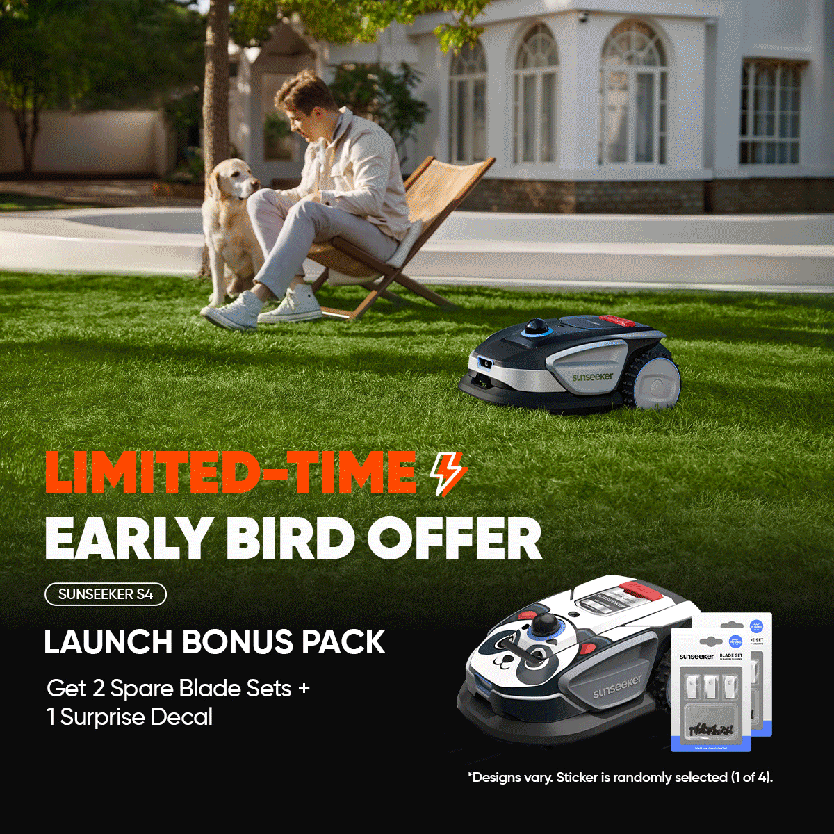 Sunseeker S4 Robot Mower + Blades Kit, Wire-Free Perimeter